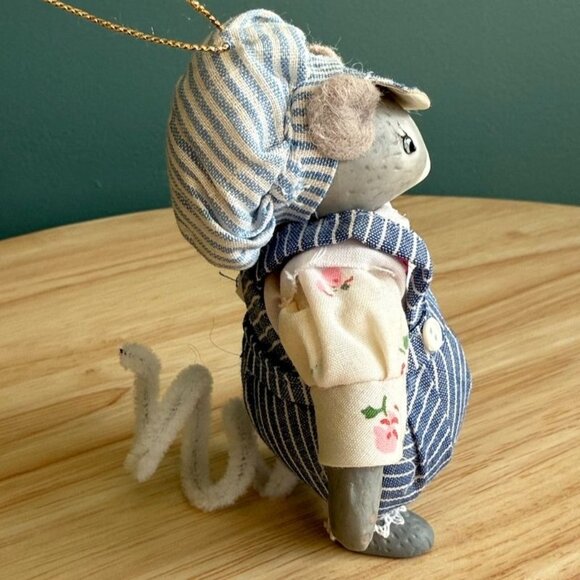 1983 Kurt Adler Christmas Ornament Porcelain Boy Mouse in Overalls Cap Bell - Picture 4 of 10